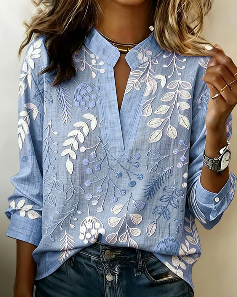 Blouse with Floral Print and Stand-Up Collar