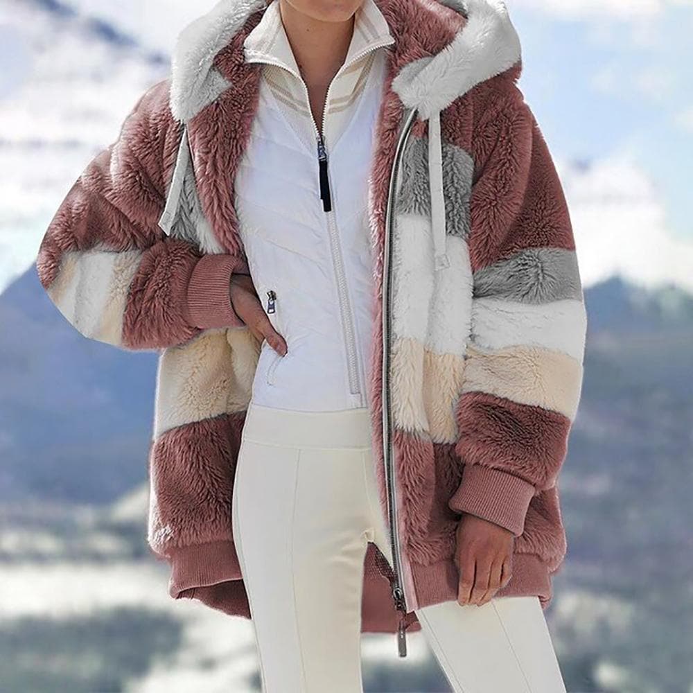 Oversized Color Block Fuzzy Hooded Jacket