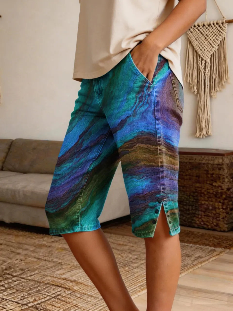 Marble-Print Boho Colorful Denim Bermuda Shorts