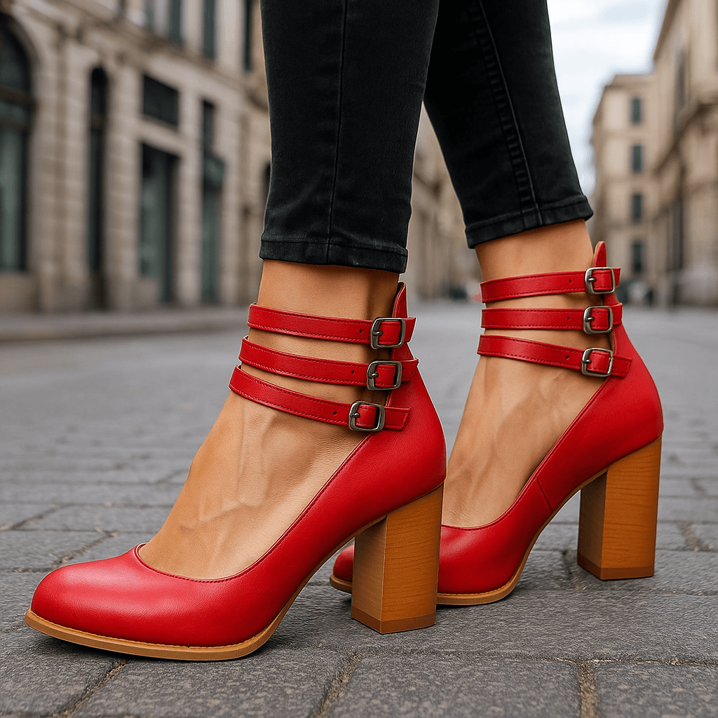 Eye-Catching Vibrant Triple-Strap Block Heel Pumps