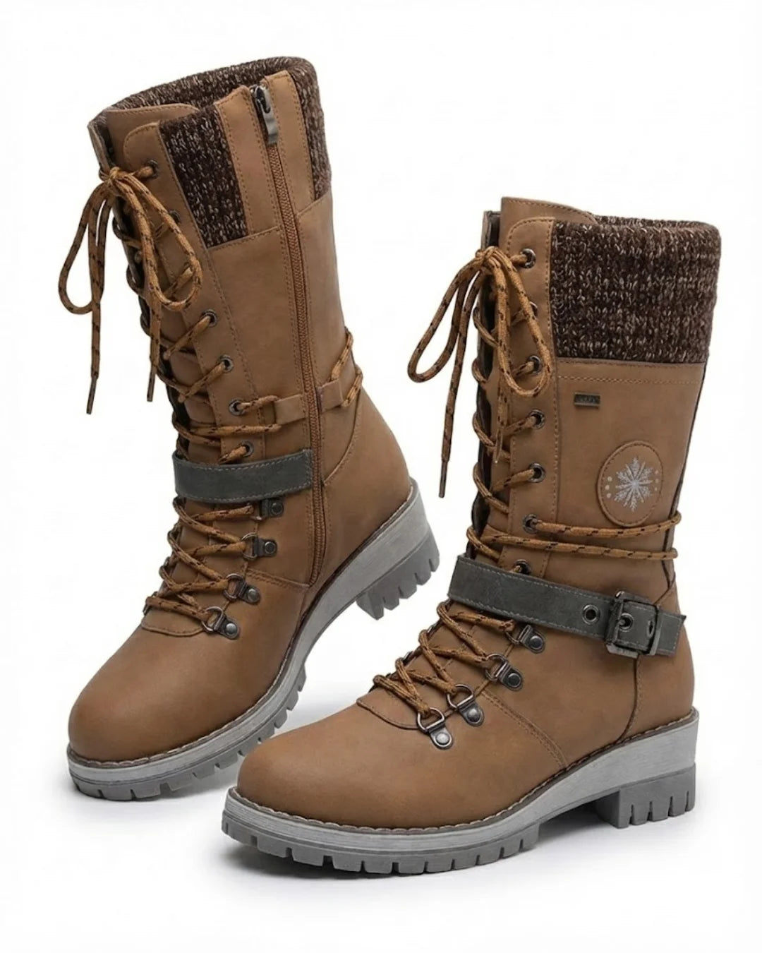 Cordelia™ | Knit-cuff buckle-strapped lace-up hiking boots