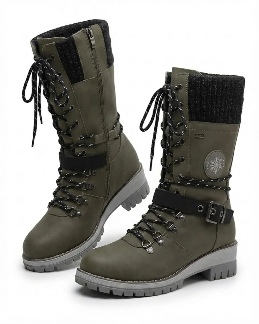 Cordelia™ | Knit-cuff buckle-strapped lace-up hiking boots