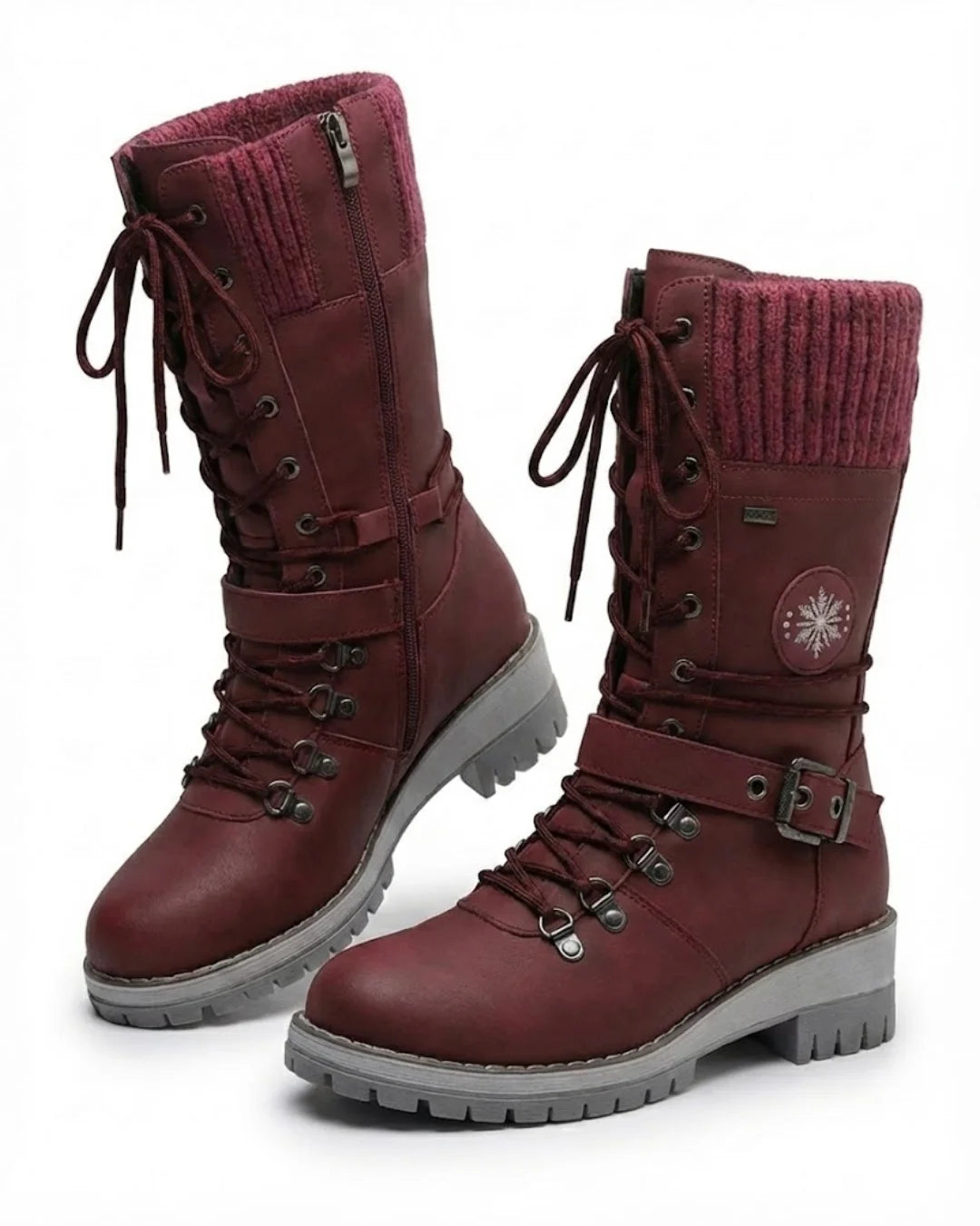 Cordelia™ | Knit-cuff buckle-strapped lace-up hiking boots
