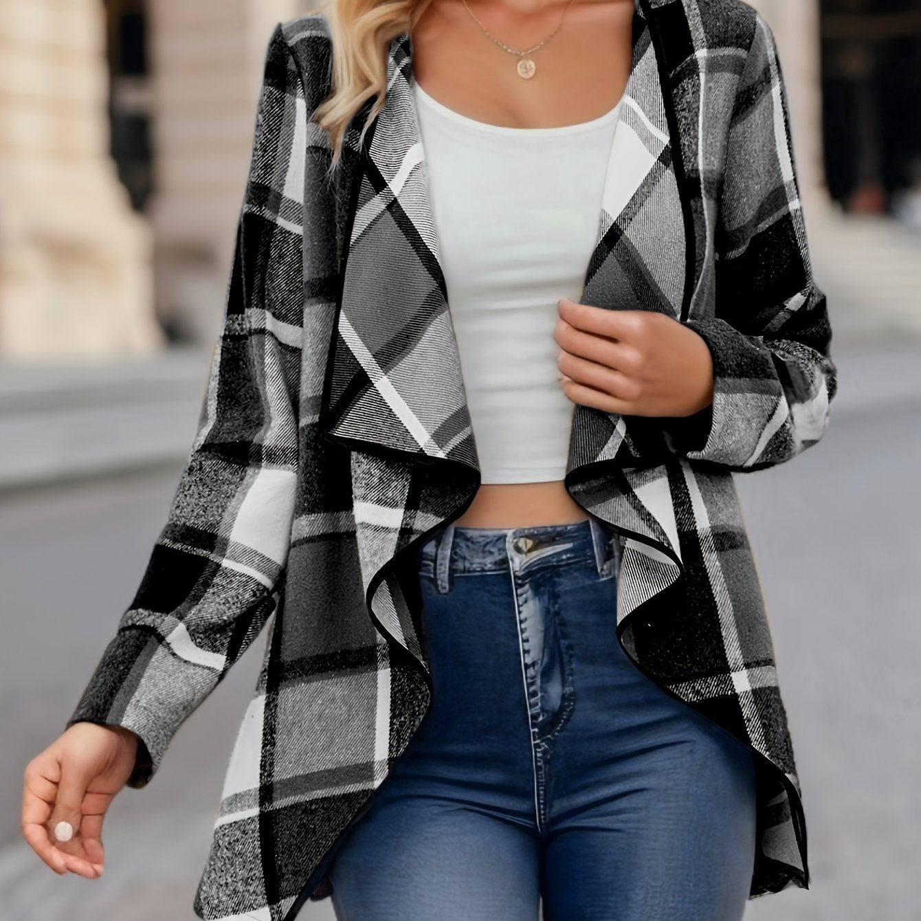Yousra™ | Plaid Open-Front Waterfall Cardigan