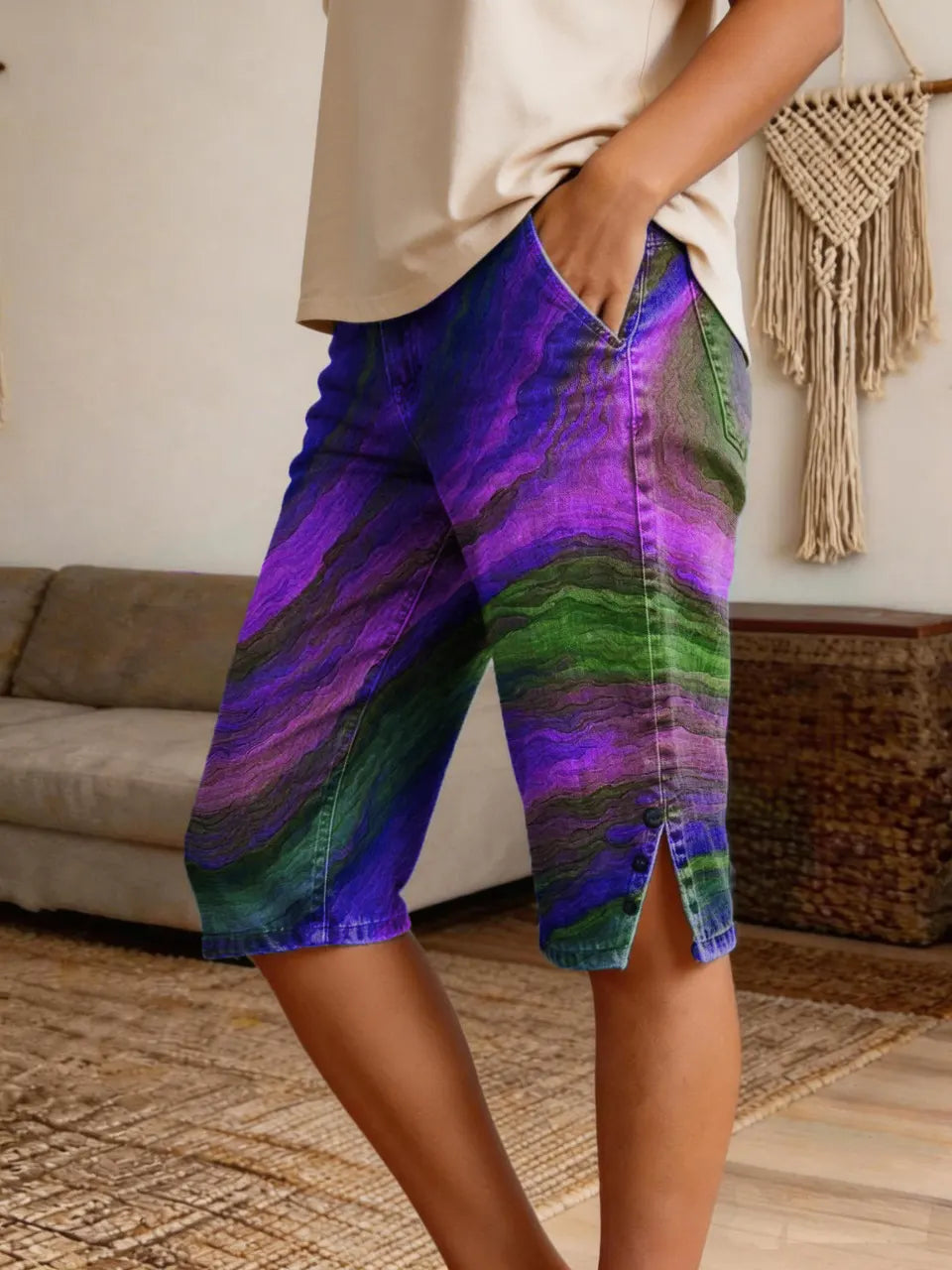Marble-Print Boho Colorful Denim Bermuda Shorts