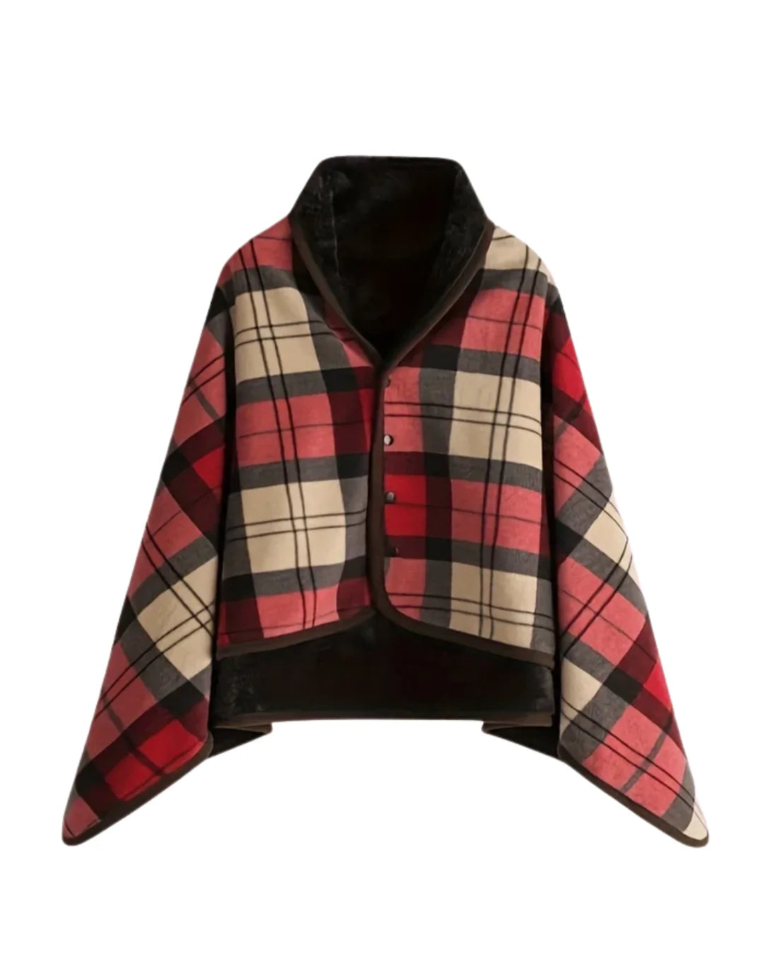 Steela™ | Plaid Fleece-Lined Buttoned Poncho Cape