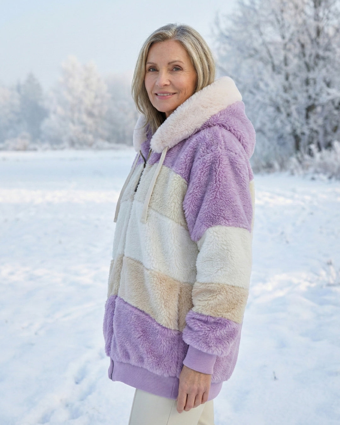 Cassandra™ | Hooded zip-front colorblock sherpa jacket