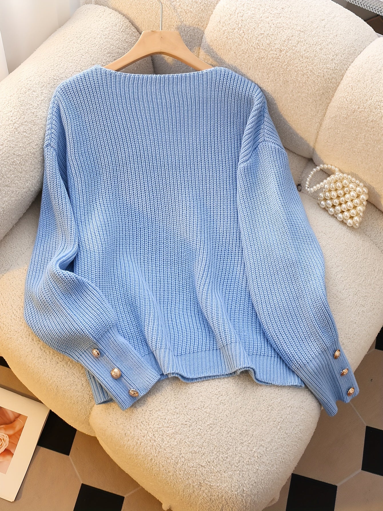 Vivian™ | Ribbed Knit Button-Cuff V-Neck Sweater