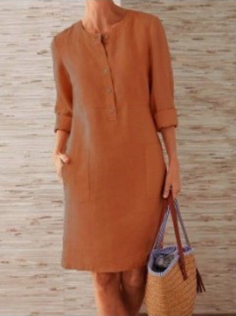 Pocket-Front Casual Linen Henley Midi Dress