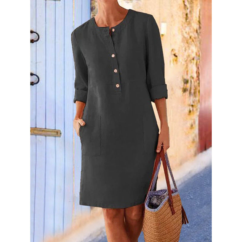 Pocket-Front Casual Linen Henley Midi Dress