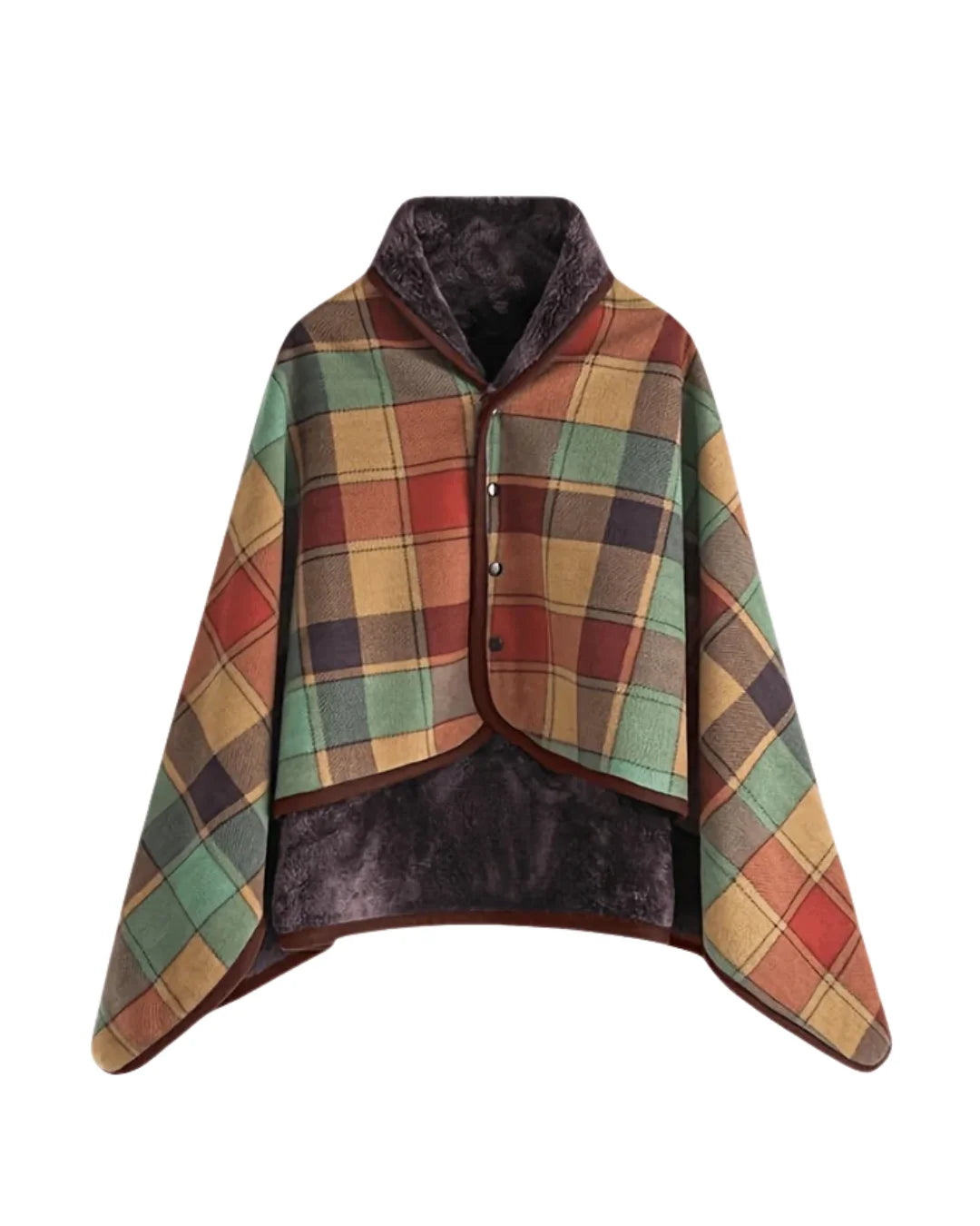 Steela™ | Plaid Fleece-Lined Buttoned Poncho Cape