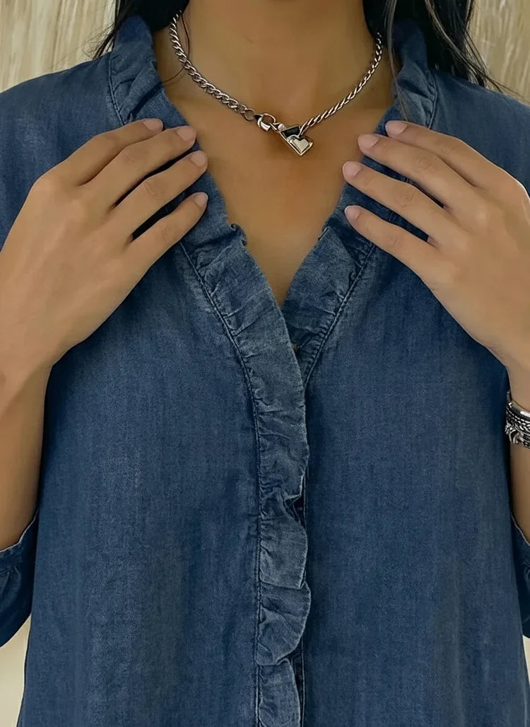 Chic Feminine Ruffle-Trim Denim Blouse