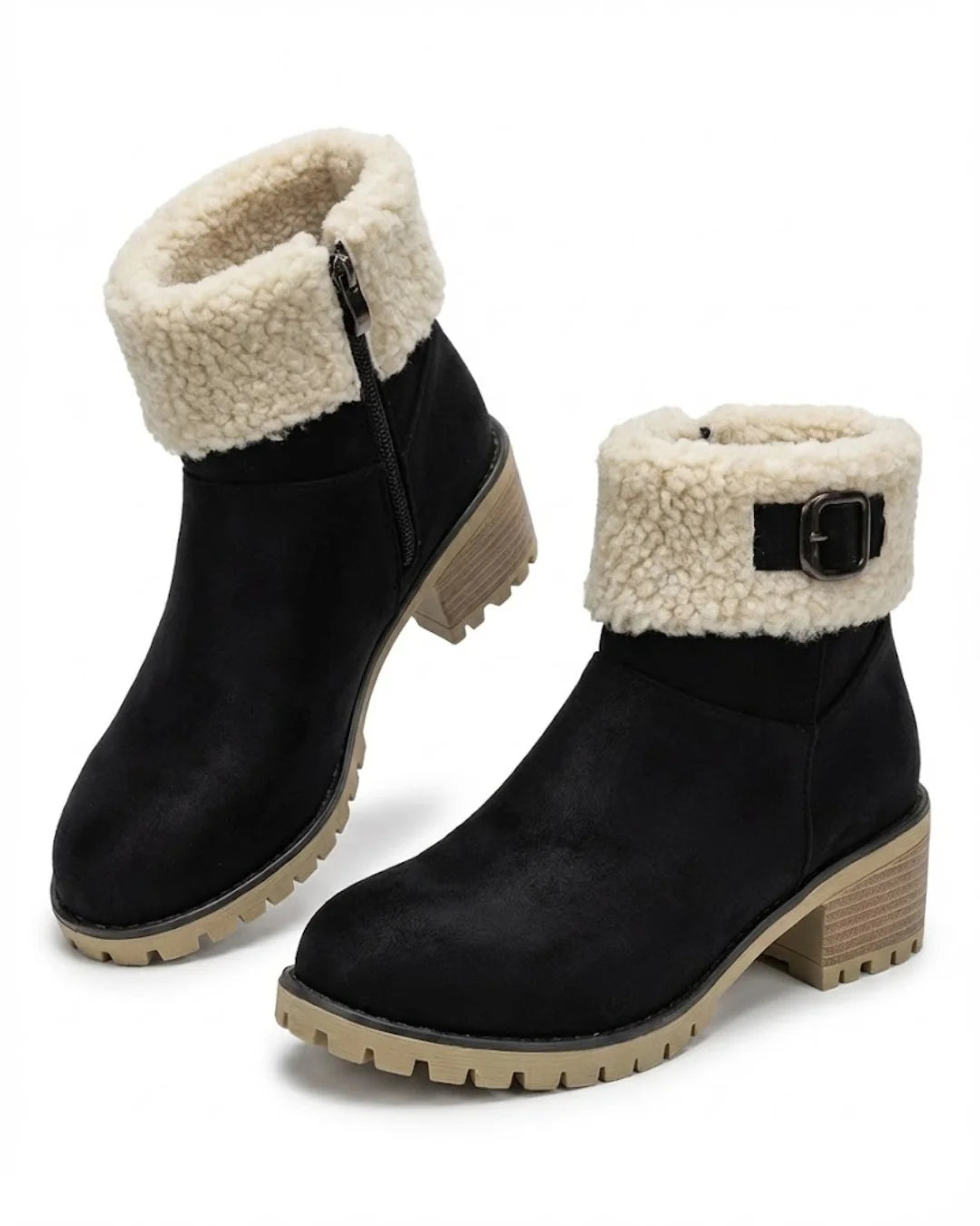 Mirella™ | Sherpa-cuff buckled side-zip heeled ankle boots