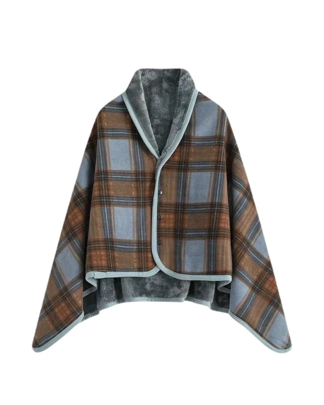 Steela™ | Plaid Fleece-Lined Buttoned Poncho Cape