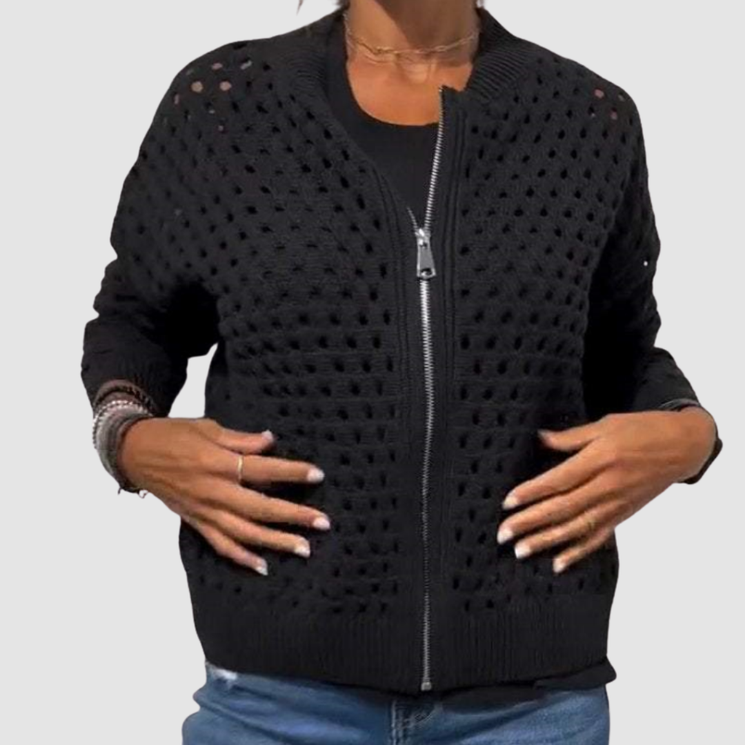 Zip-Up Casual Hollow-Knit Sweater Jacket