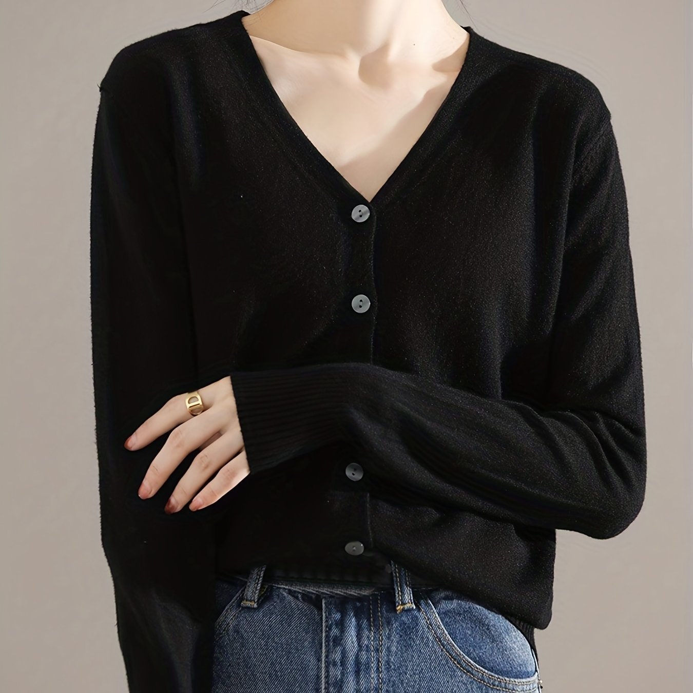 Solène™ | Button-Front Ribbed-Cuff V-Neck Cardigan Sweater
