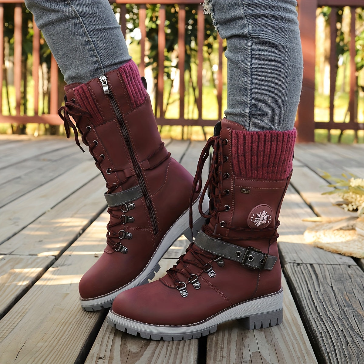Cordelia™ | Knit-cuff buckle-strapped lace-up hiking boots