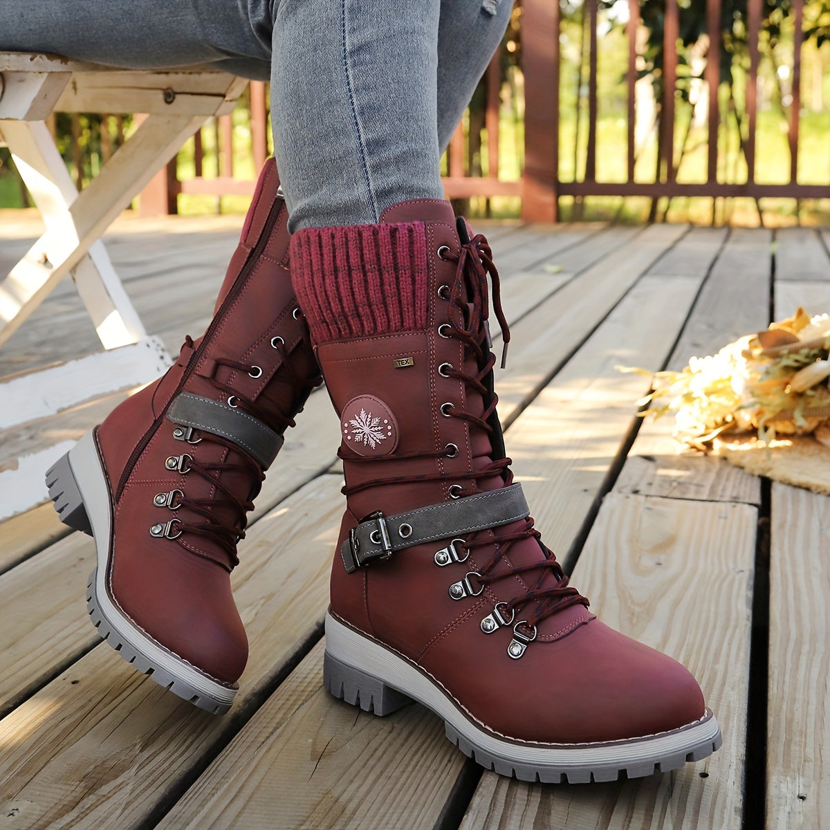 Cordelia™ | Knit-cuff buckle-strapped lace-up hiking boots
