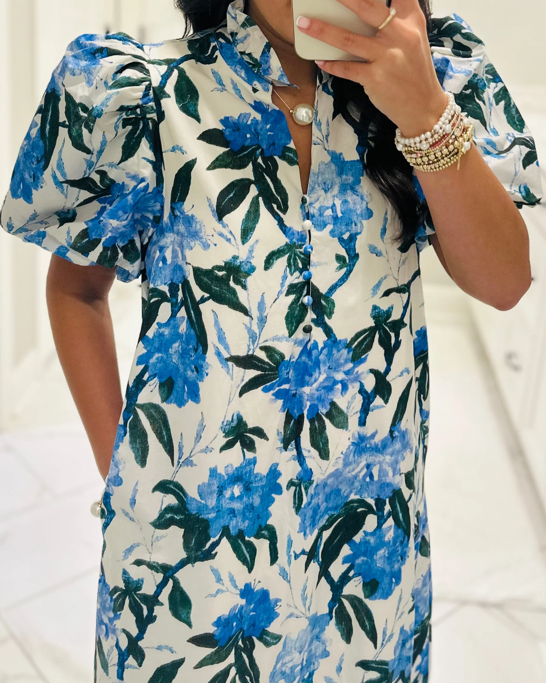Blue Floral Puff-Sleeve Ruffle Maxi Dress