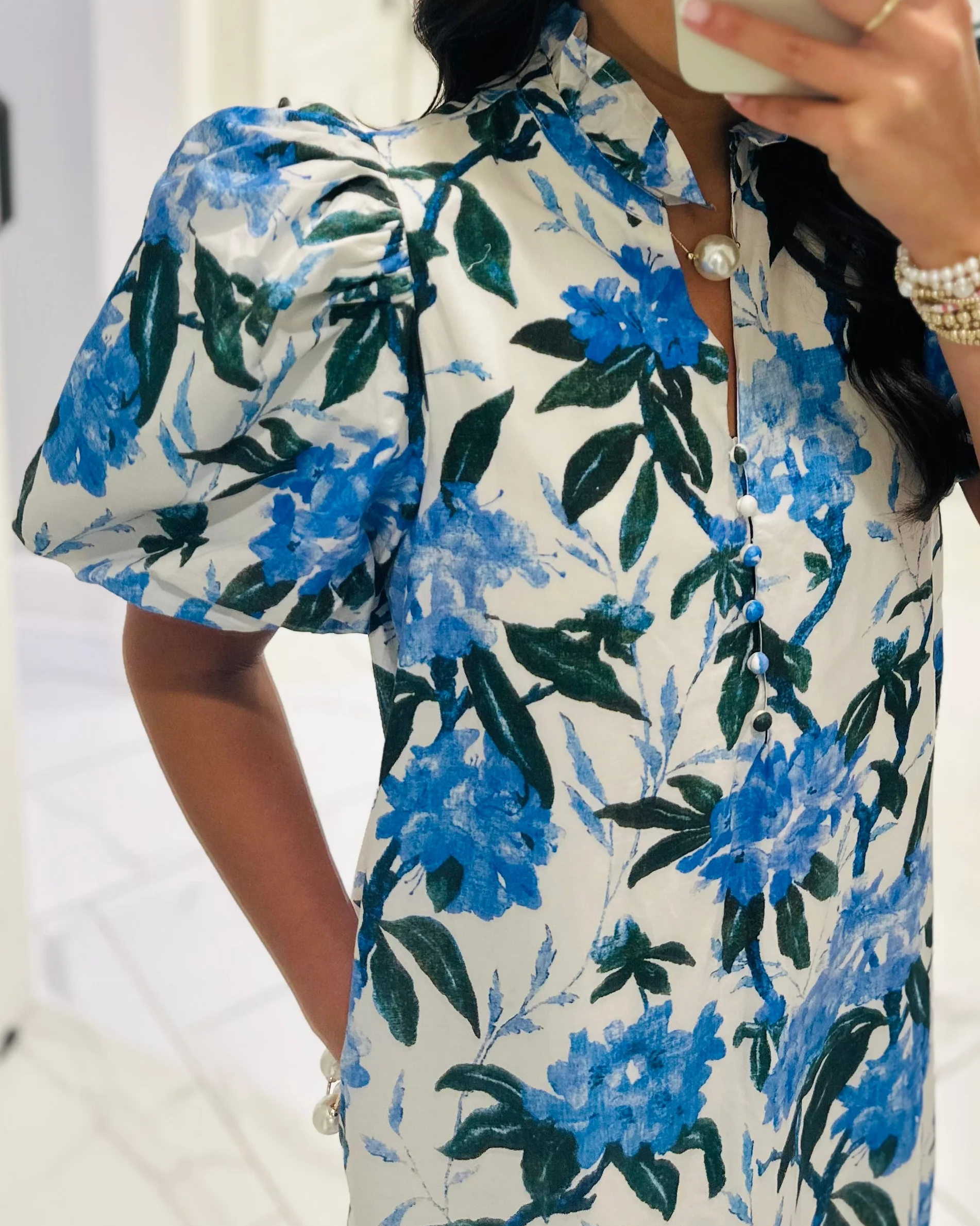 Blue Floral Puff-Sleeve Ruffle Maxi Dress