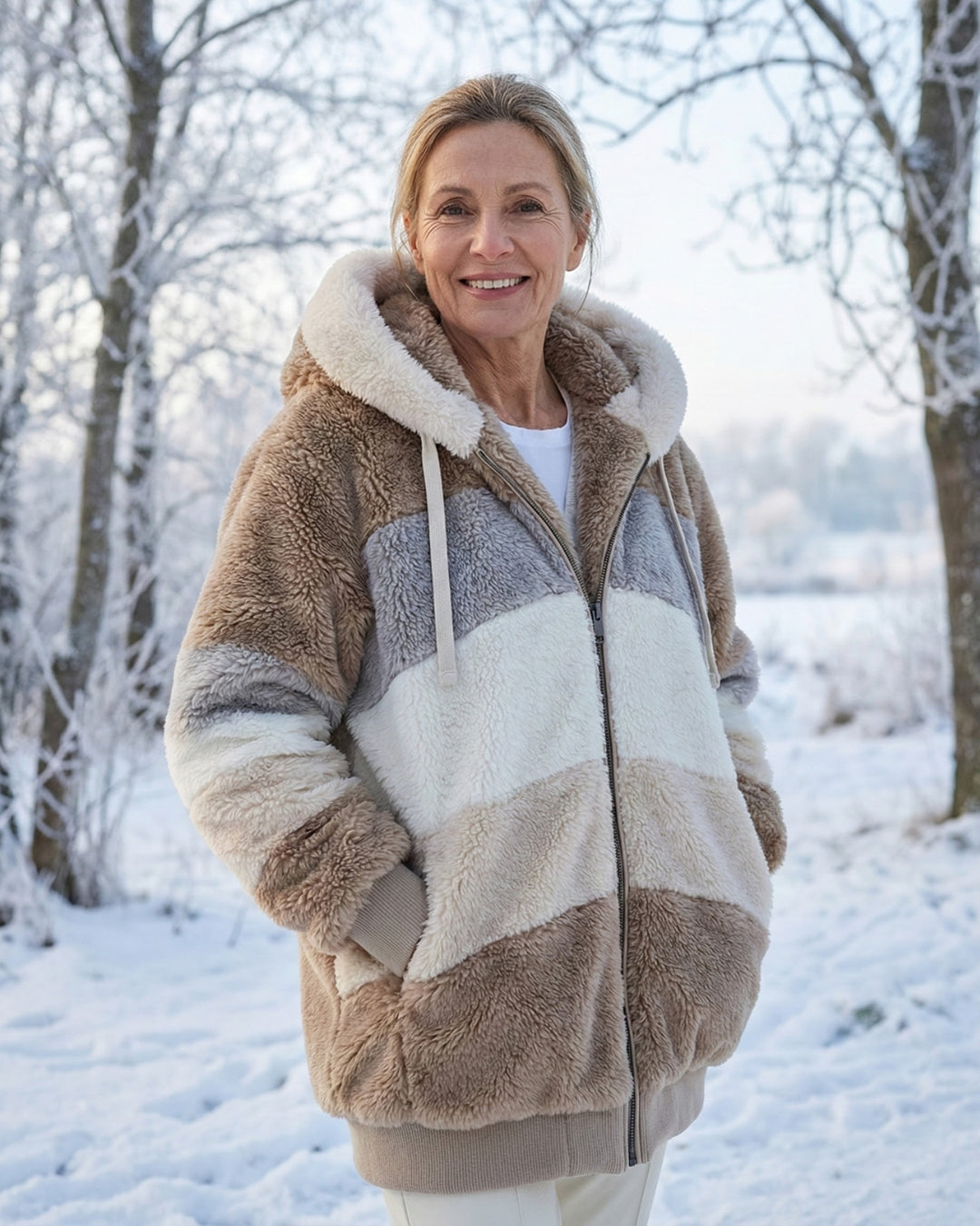Cassandra™ | Hooded zip-front colorblock sherpa jacket