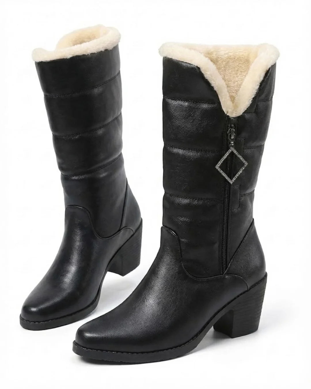 Beryl™ | Faux-fur cuff side-zip heeled knee-high boots