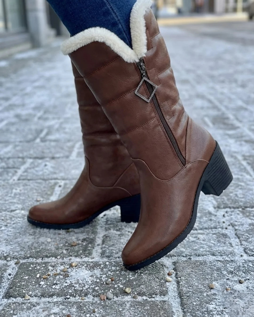 Beryl™ | Faux-fur cuff side-zip heeled knee-high boots