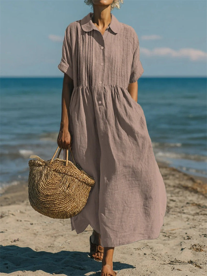 Pleated Boho Linen Button Maxi Dress