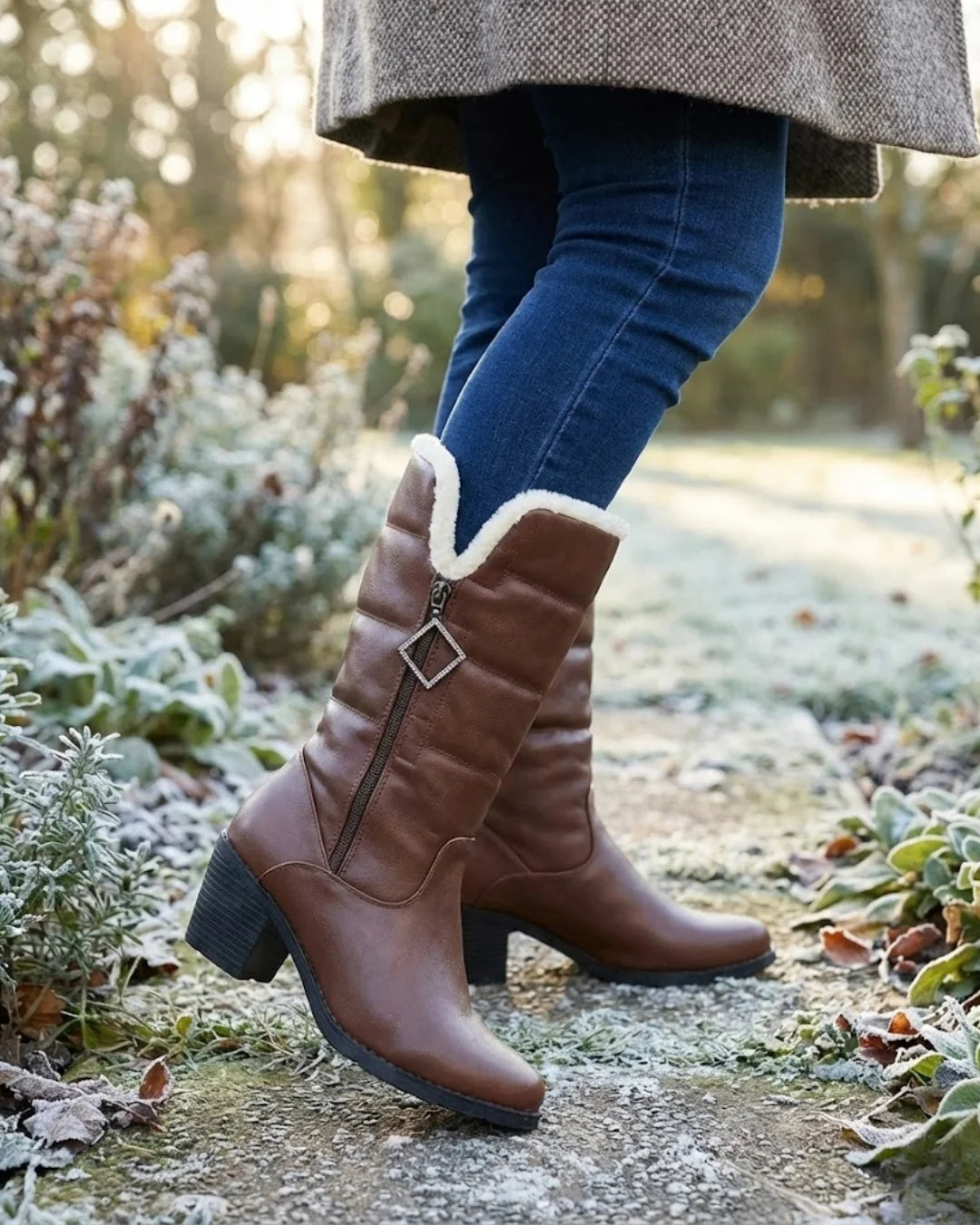 Beryl™ | Faux-fur cuff side-zip heeled knee-high boots