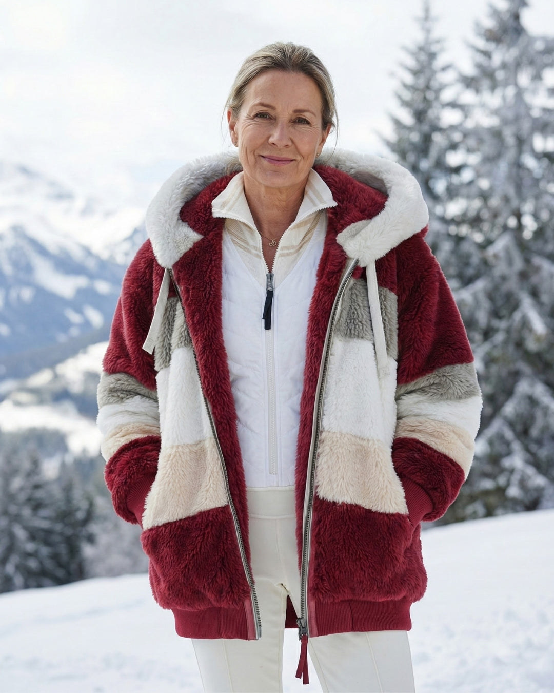 Cassandra™ | Hooded zip-front colorblock sherpa jacket