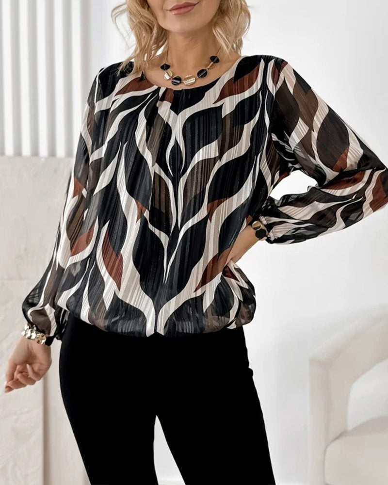 Artistic Leaf Print Pleated Long-Sleeve Blouse