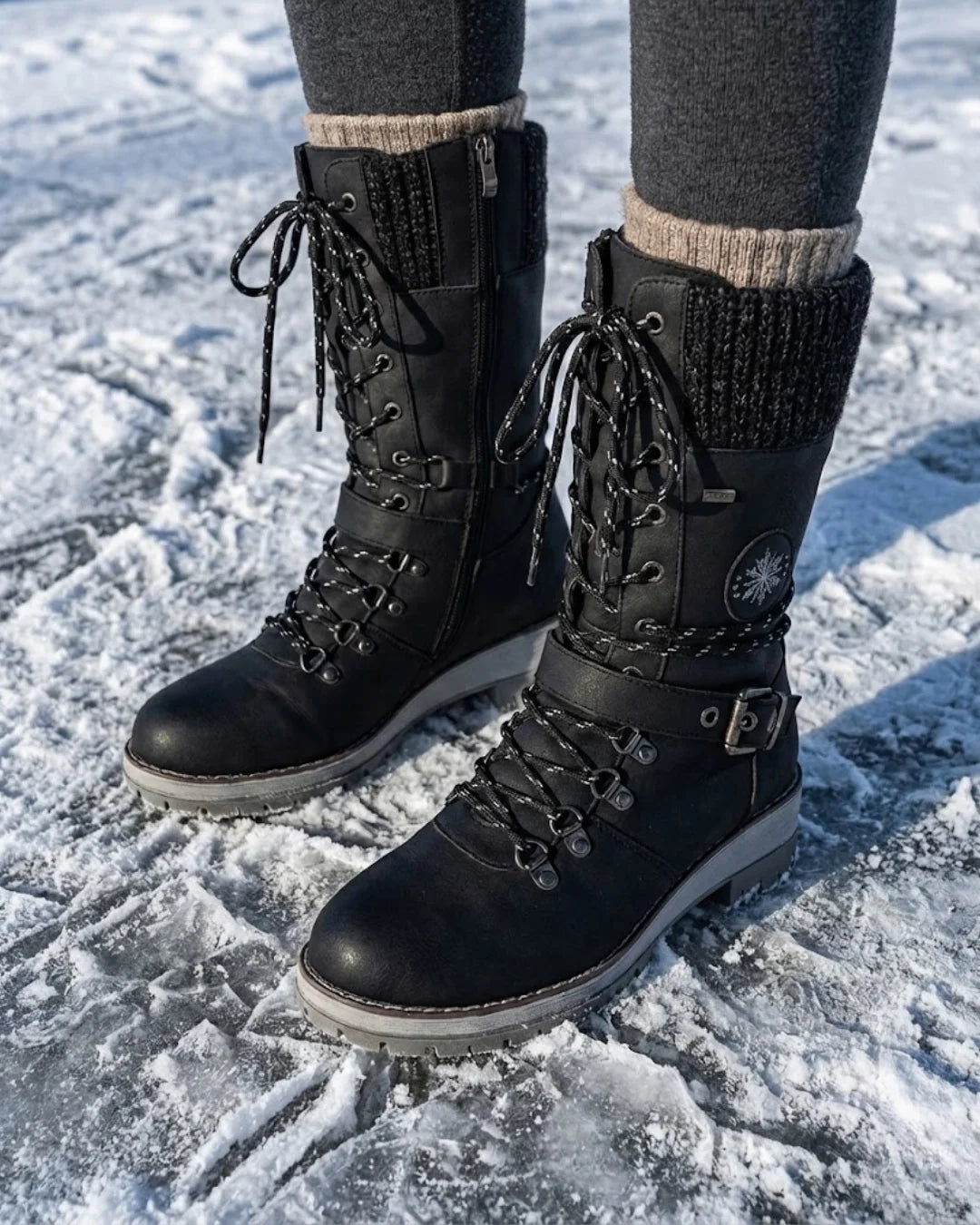 Cordelia™ | Knit-cuff buckle-strapped lace-up hiking boots