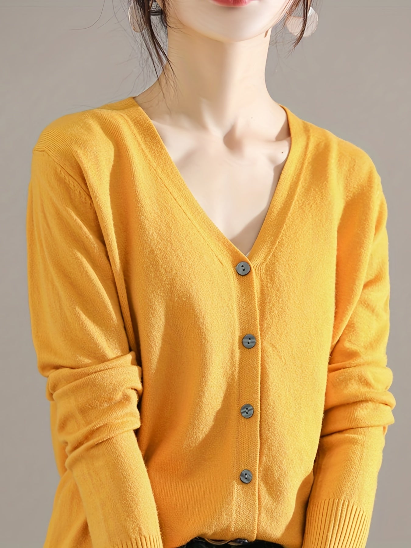Solène™ | Button-Front Ribbed-Cuff V-Neck Cardigan Sweater