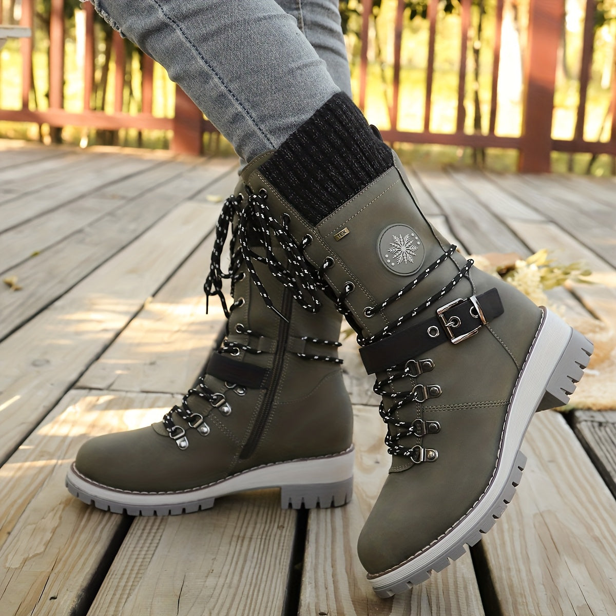 Cordelia™ | Knit-cuff buckle-strapped lace-up hiking boots