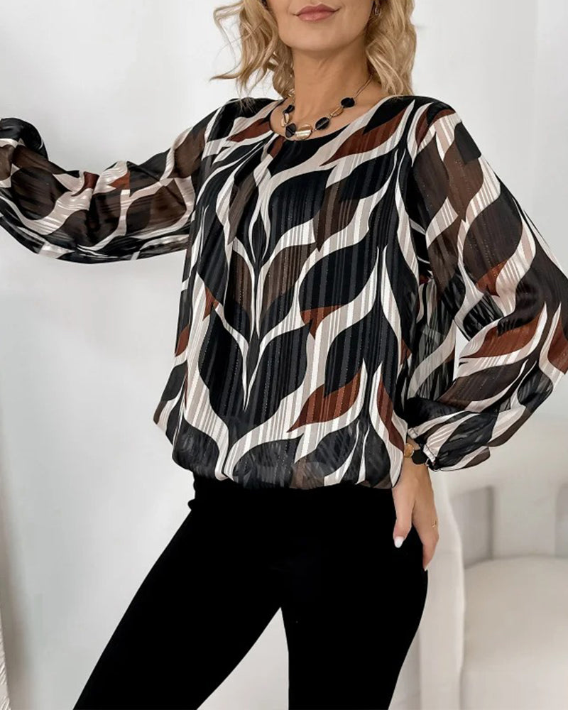 Artistic Leaf Print Pleated Long-Sleeve Blouse