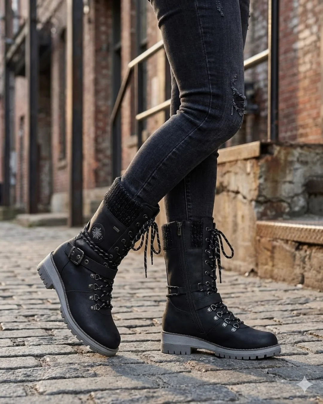 Cordelia™ | Knit-cuff buckle-strapped lace-up hiking boots