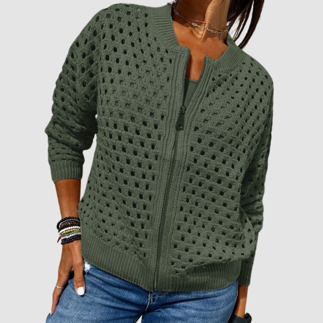 Zip-Up Casual Hollow-Knit Sweater Jacket