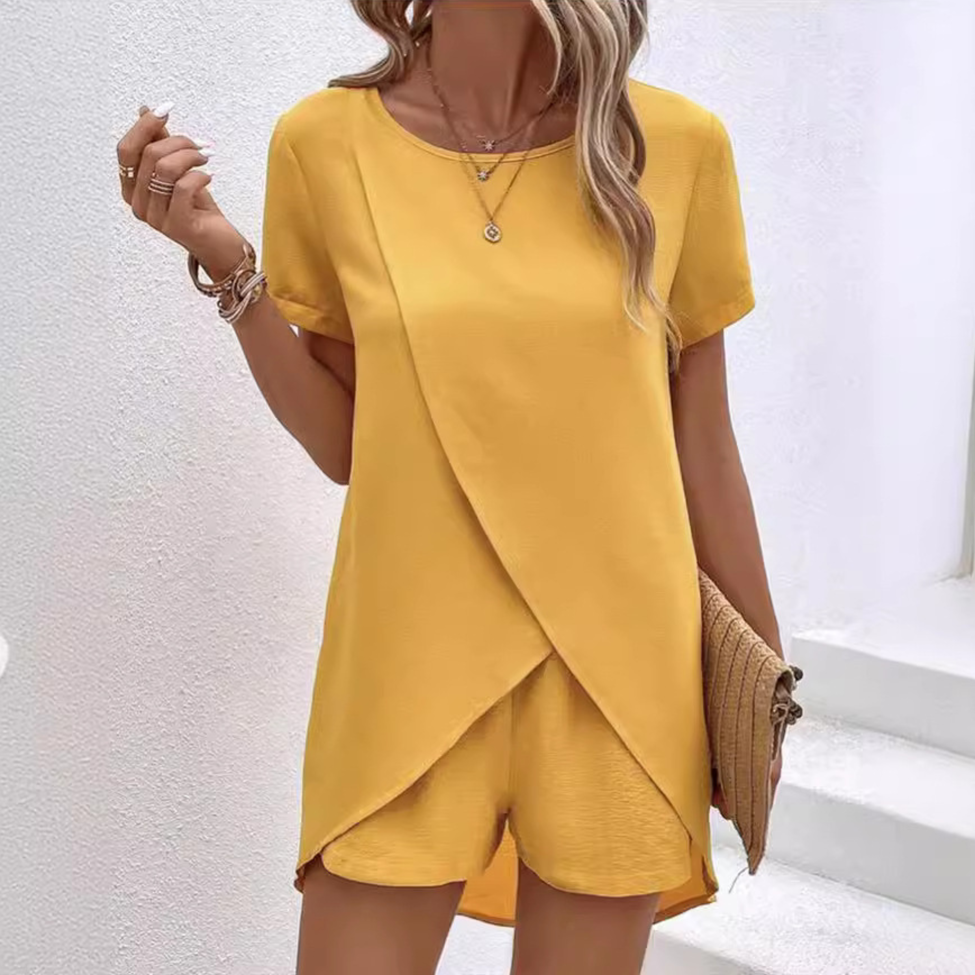 Crossover-Hem Casual Summer Top & Shorts Set