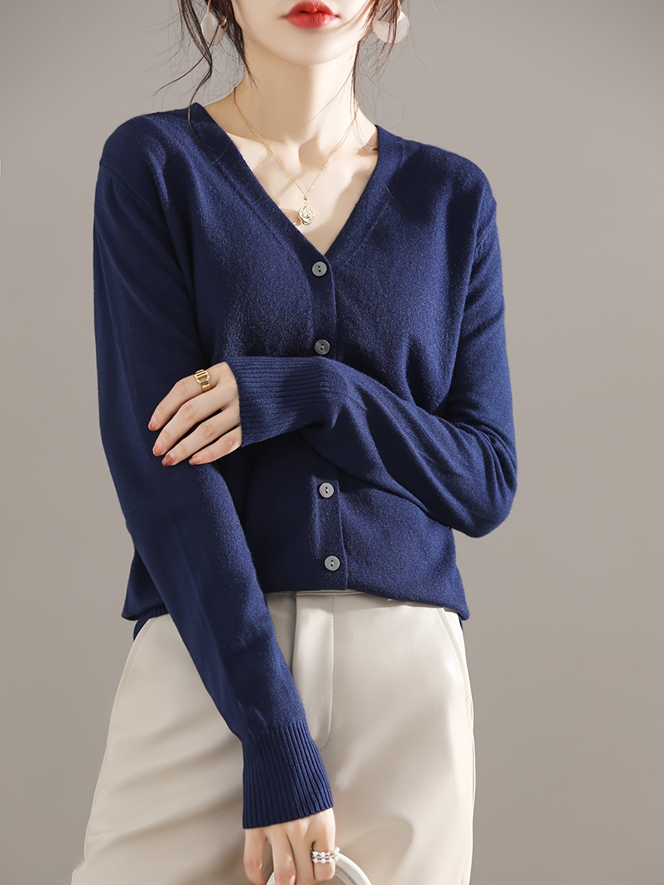 Solène™ | Button-Front Ribbed-Cuff V-Neck Cardigan Sweater