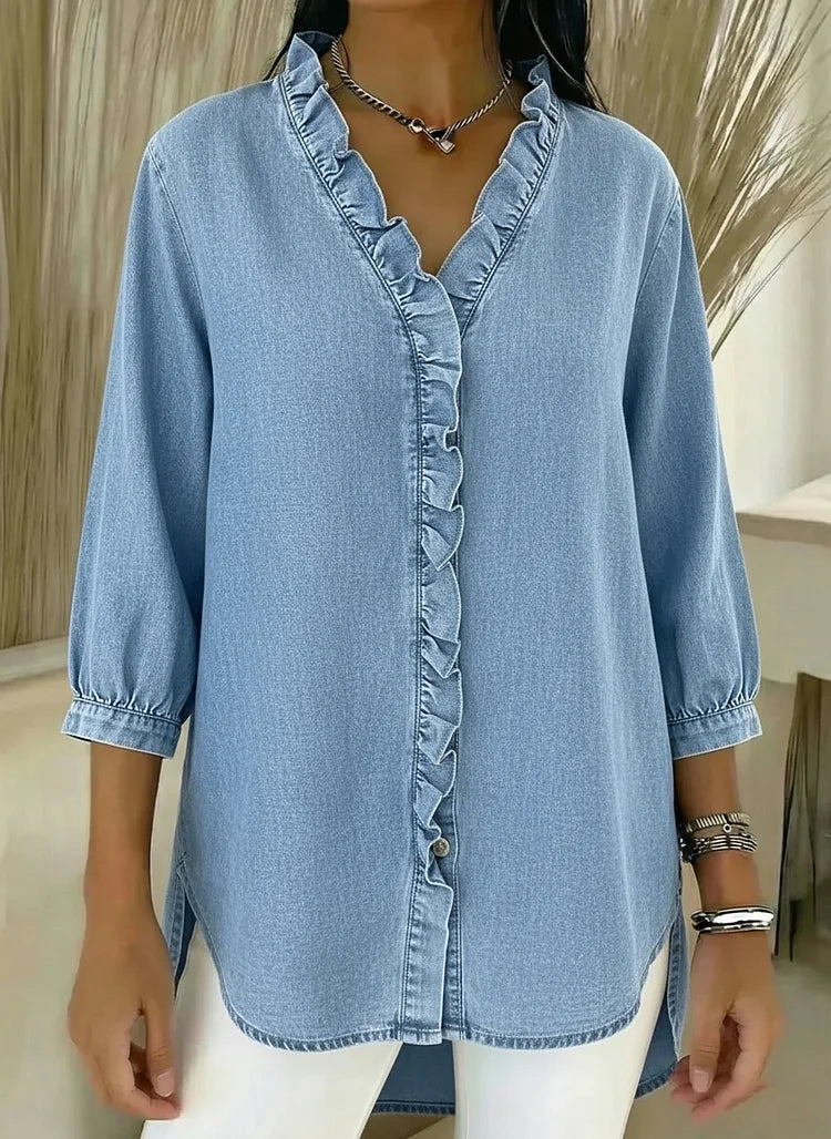 Ruffle-Trim Casual Denim Shirt Blouse