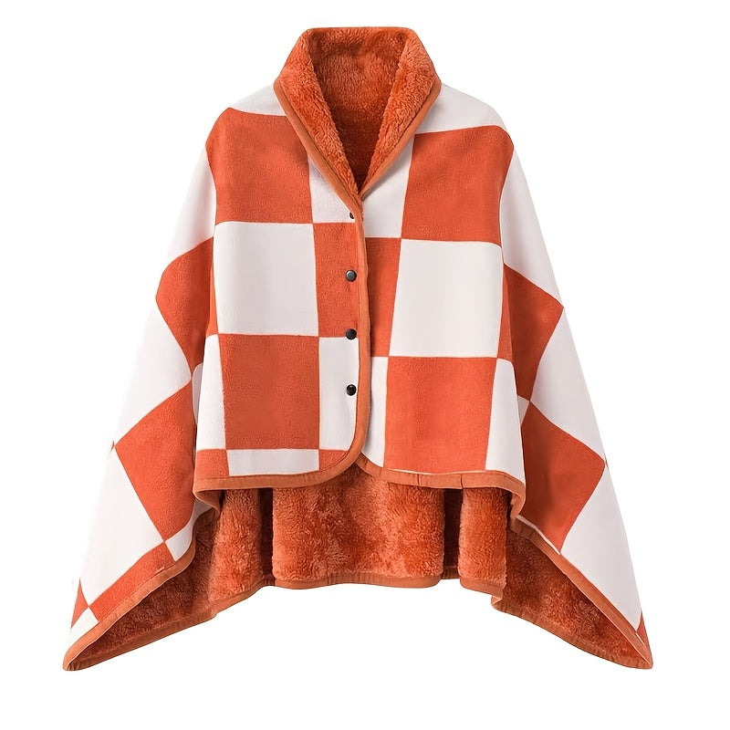 Steela™ | Plaid Fleece-Lined Buttoned Poncho Cape