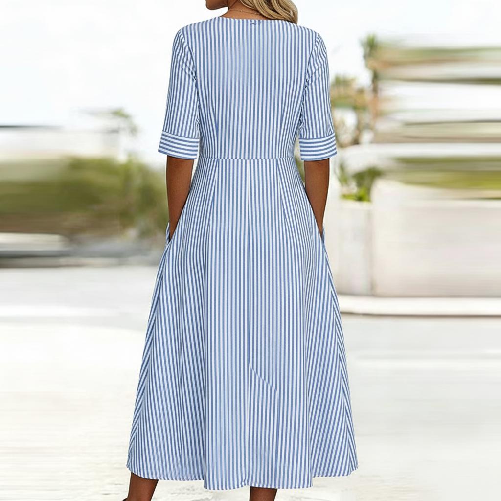 Button-Detail Striped Elegant V-Neck Midi Dress