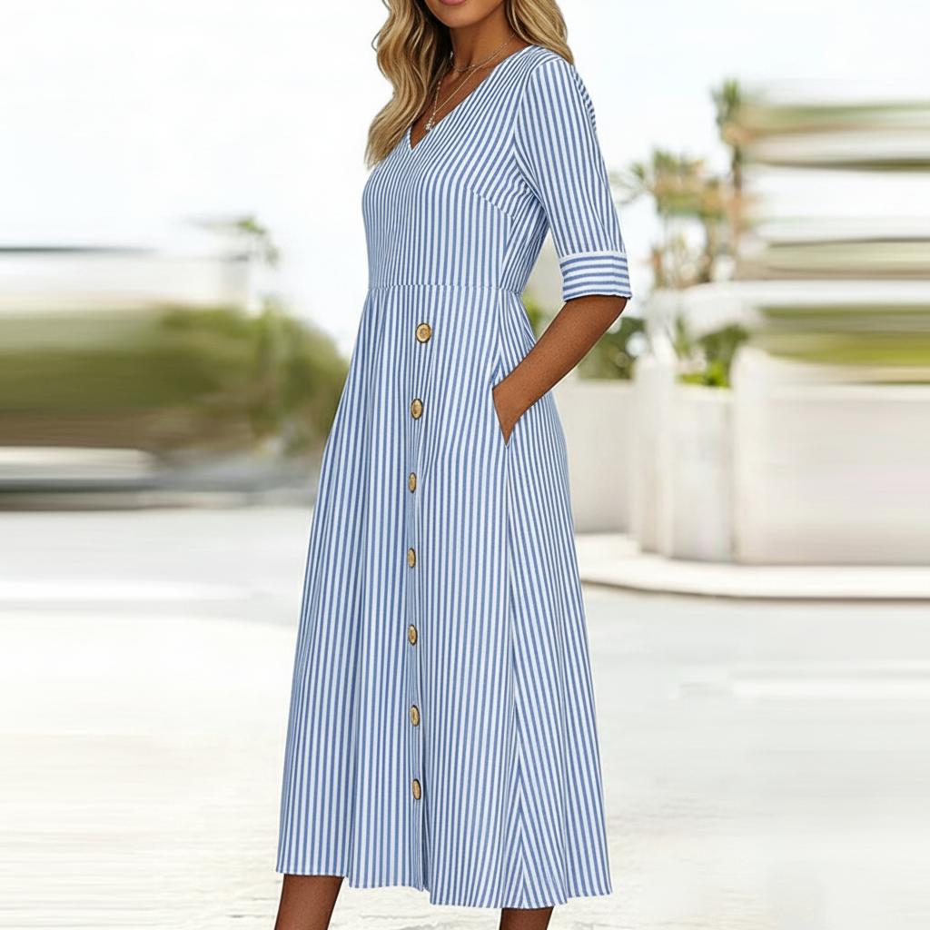 Button-Detail Striped Elegant V-Neck Midi Dress