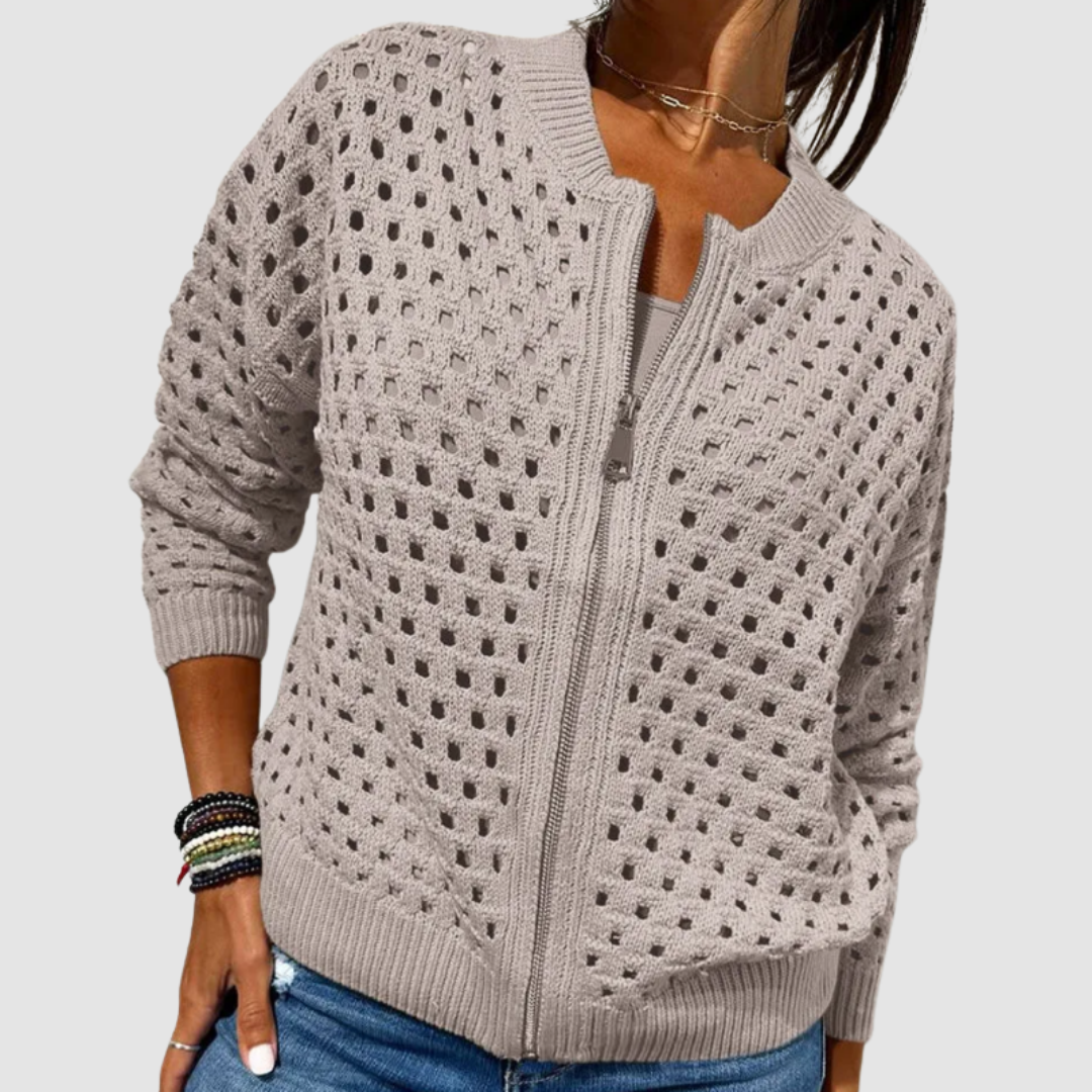 Zip-Up Casual Hollow-Knit Sweater Jacket