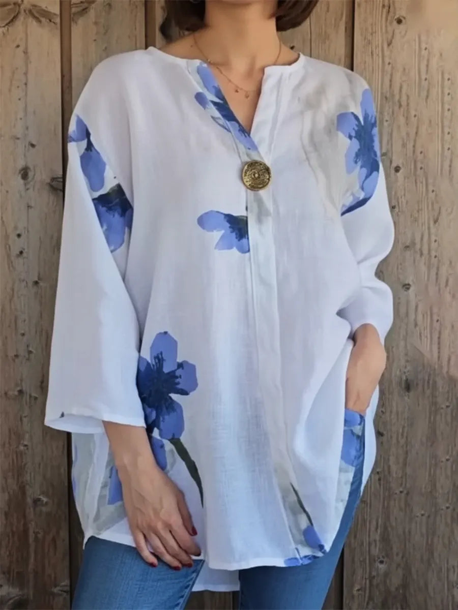 Elegant Floral Print Button-Detail Relaxed Blouse