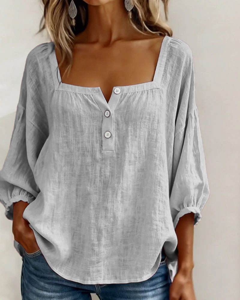 Solid Button-Neck Relaxed Blouse