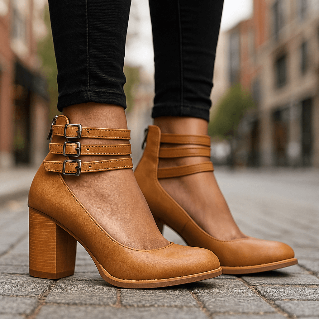 Eye-Catching Vibrant Triple-Strap Block Heel Pumps