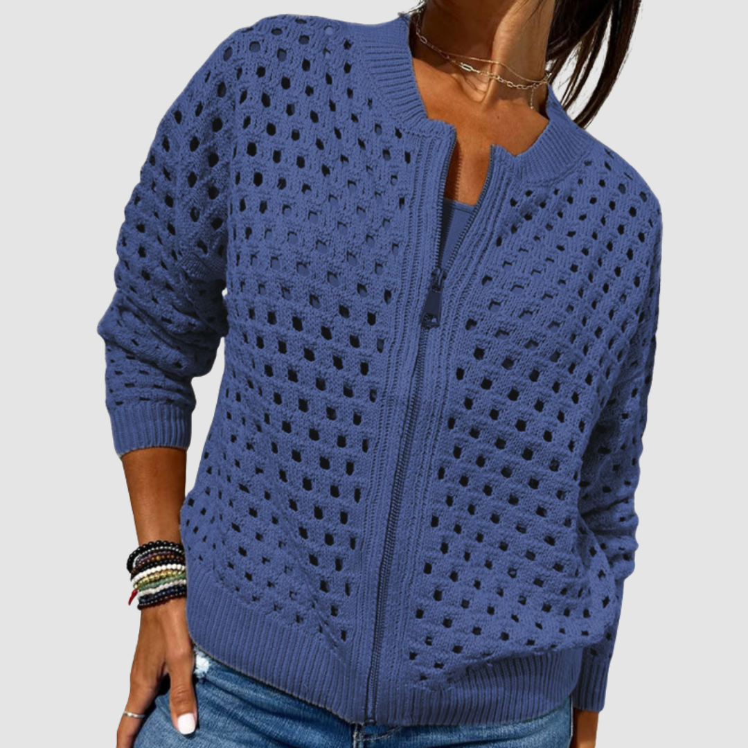 Zip-Up Casual Hollow-Knit Sweater Jacket