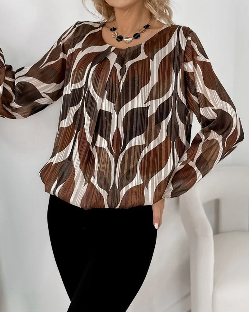 Artistic Leaf Print Pleated Long-Sleeve Blouse