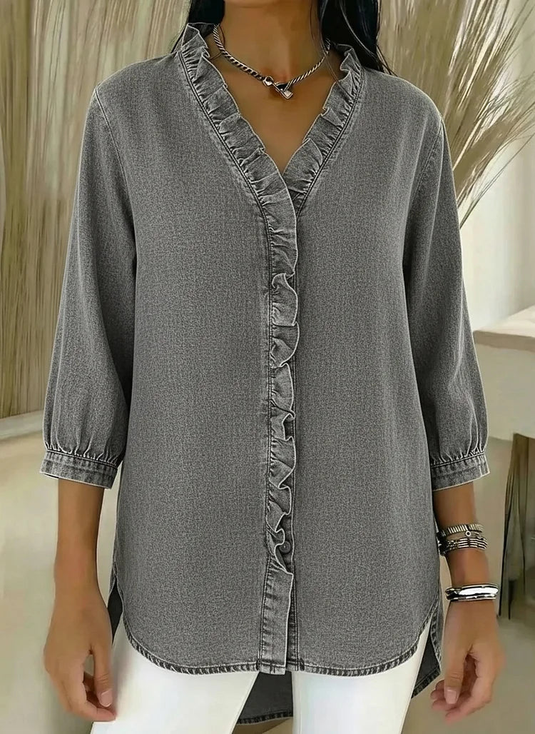 Ruffle-Trim Casual Denim Shirt Blouse